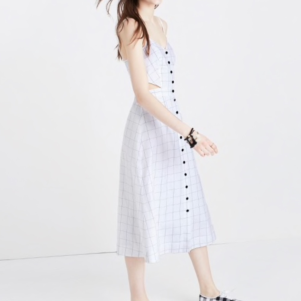 Madewell White Grid Midi Dress with Black Buttons